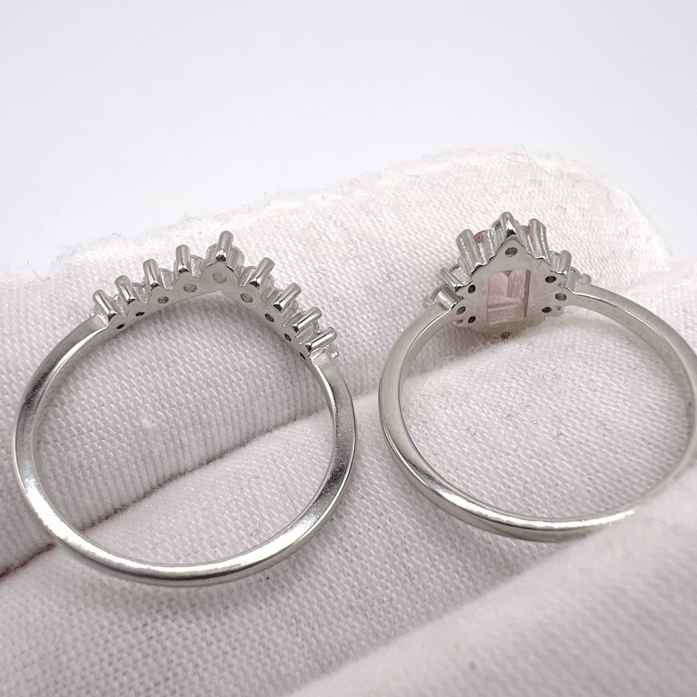 .925 Sterling Silver Light Morganite Cz & Clear Cz 2 PC Ring Set - Picture 15 of 17